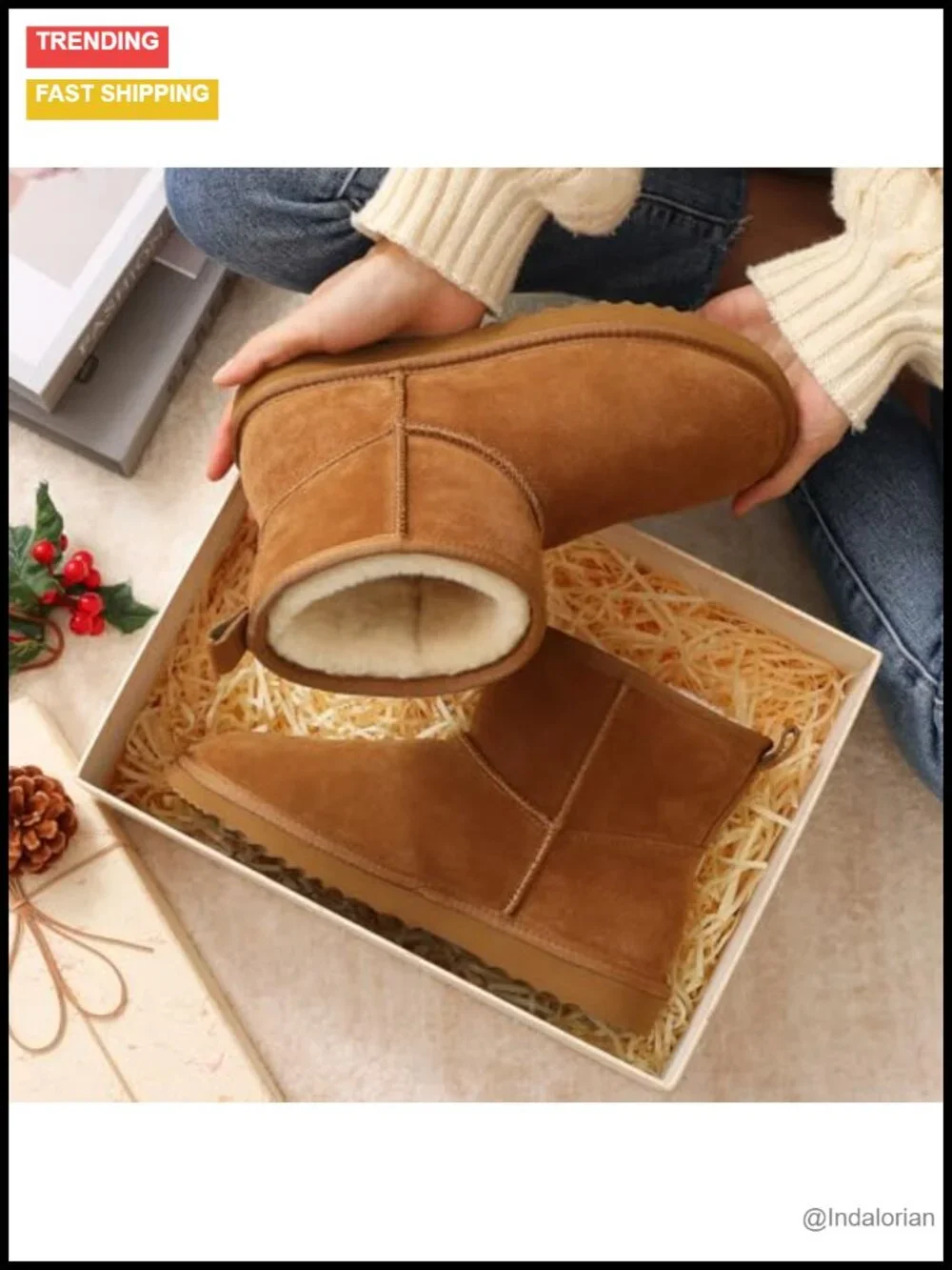Genuine Suede Mini Boots Winter Warm Fuzzy Snow Boots Fur Lined